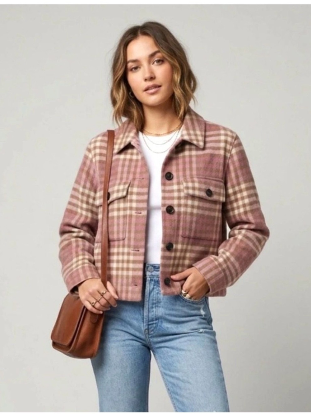 Rails Steffi Cropped Plaid Jacket Mauve Ivory Sepia Wool Blend Size Small